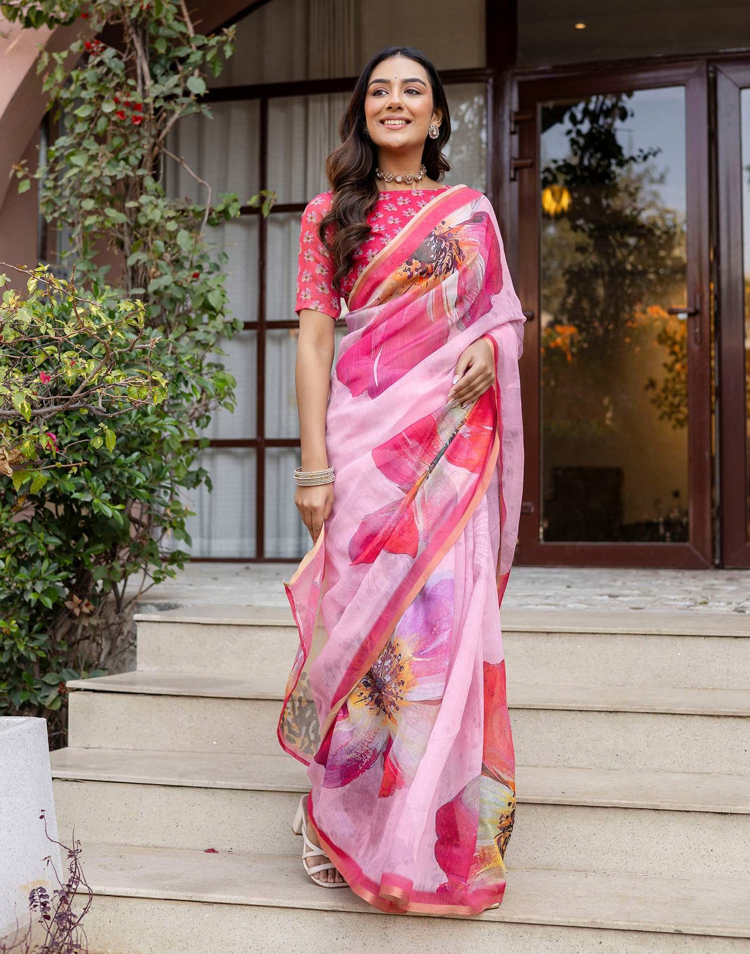 Light Pink Linen Floral Printed Saree