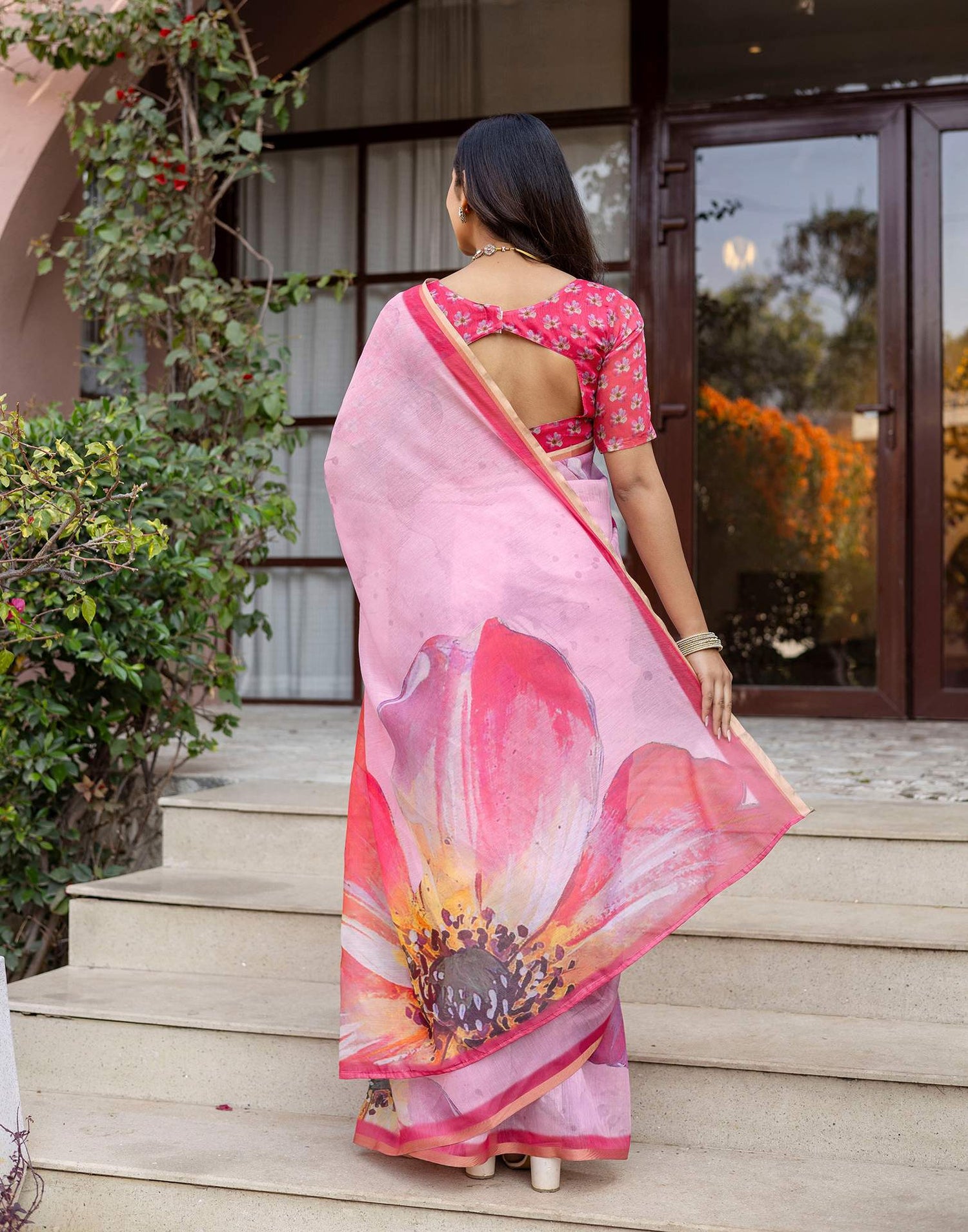 Light Pink Linen Floral Printed Saree
