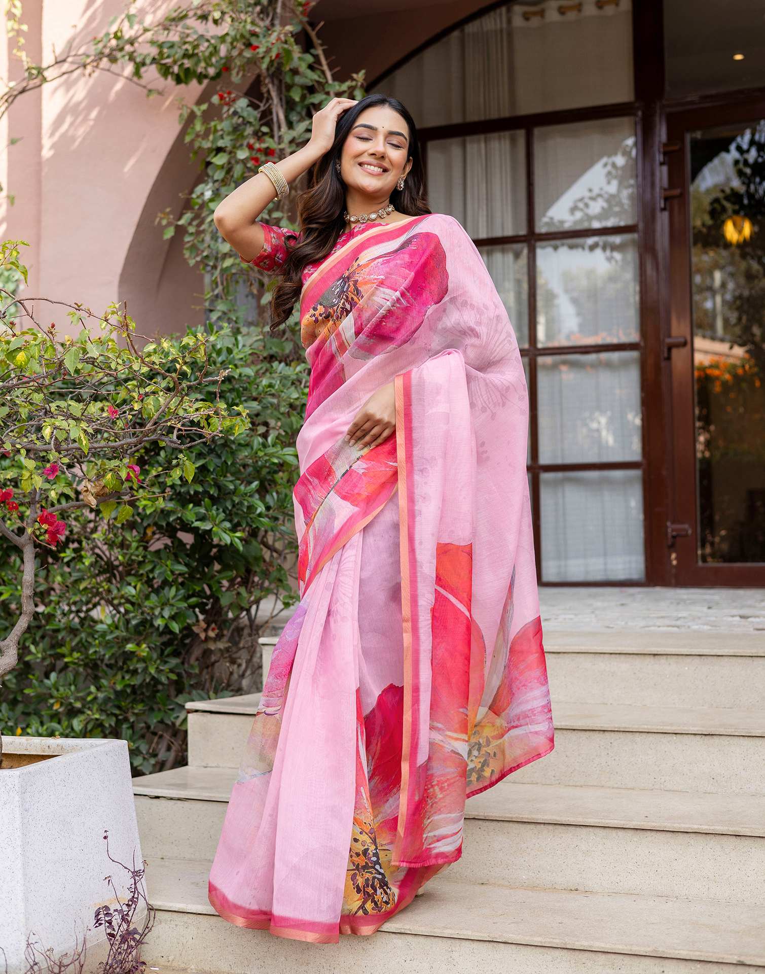 Light Pink Linen Floral Printed Saree