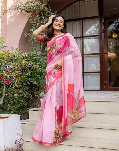Light Pink Linen Floral Printed Saree
