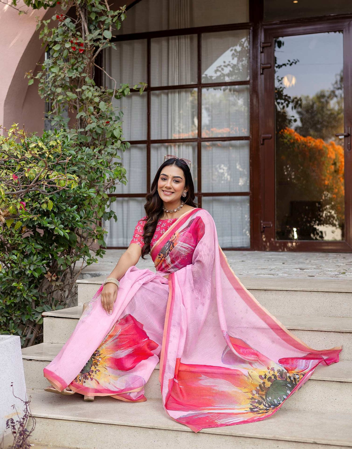 Light Pink Linen Floral Printed Saree