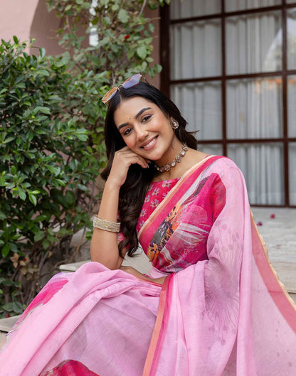 Light Pink Linen Floral Printed Saree