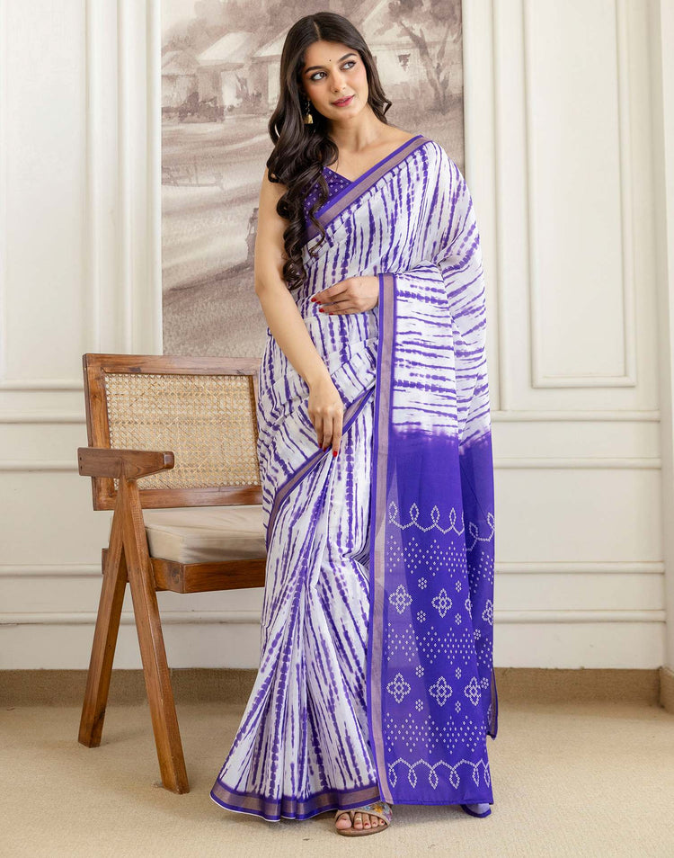 Off White Silk Bandhani Printed Zari Border Saree