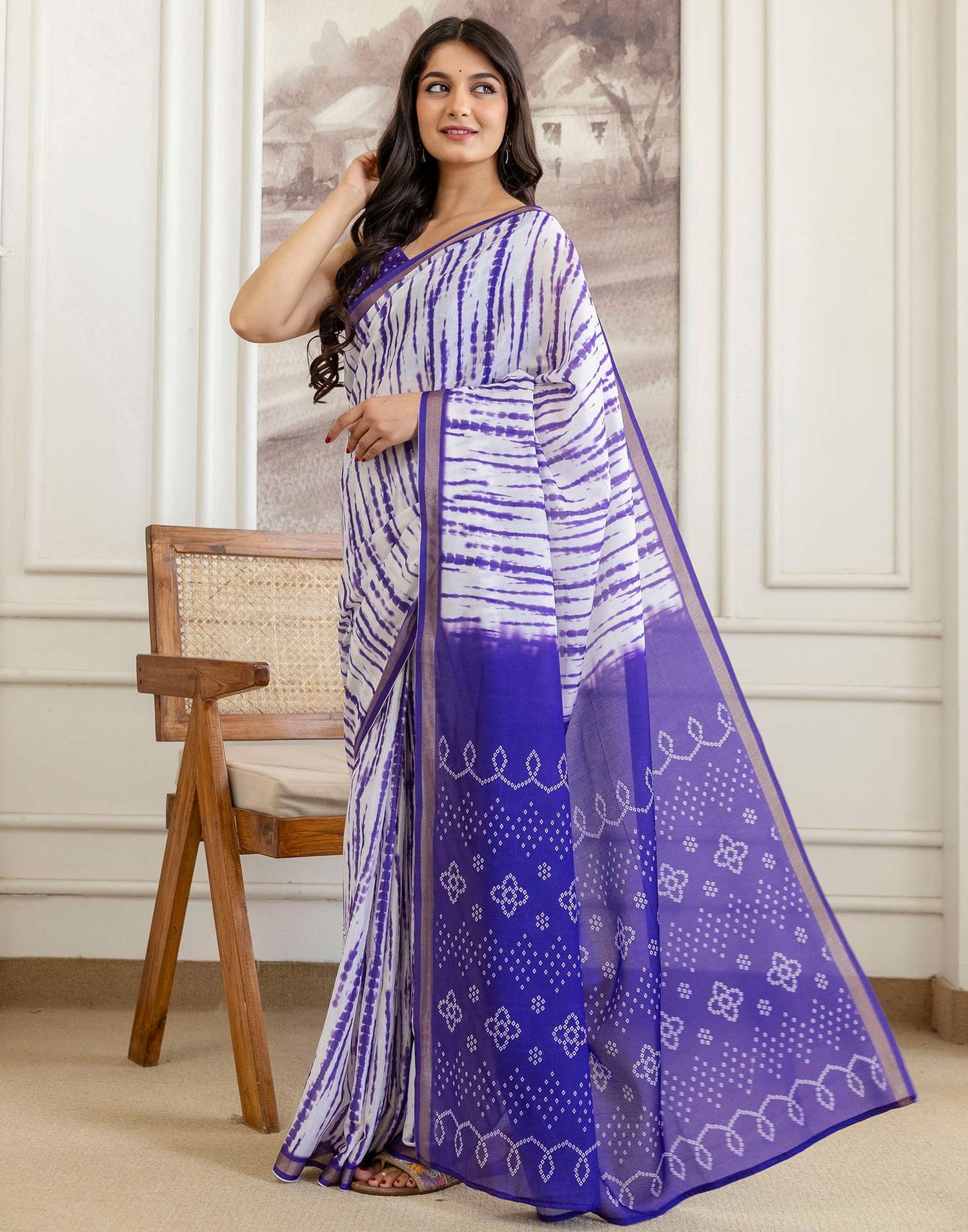 Off White Silk Bandhani Printed Zari Border Saree