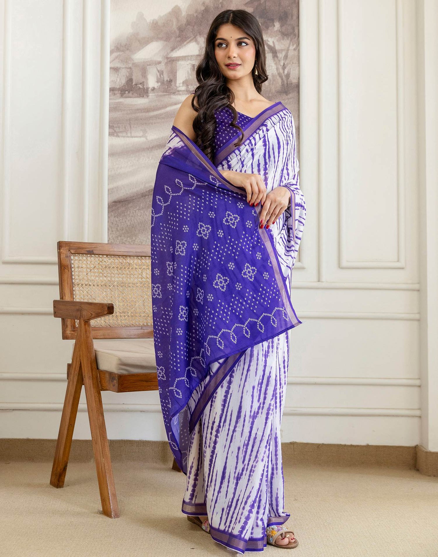 Off White Silk Bandhani Printed Zari Border Saree
