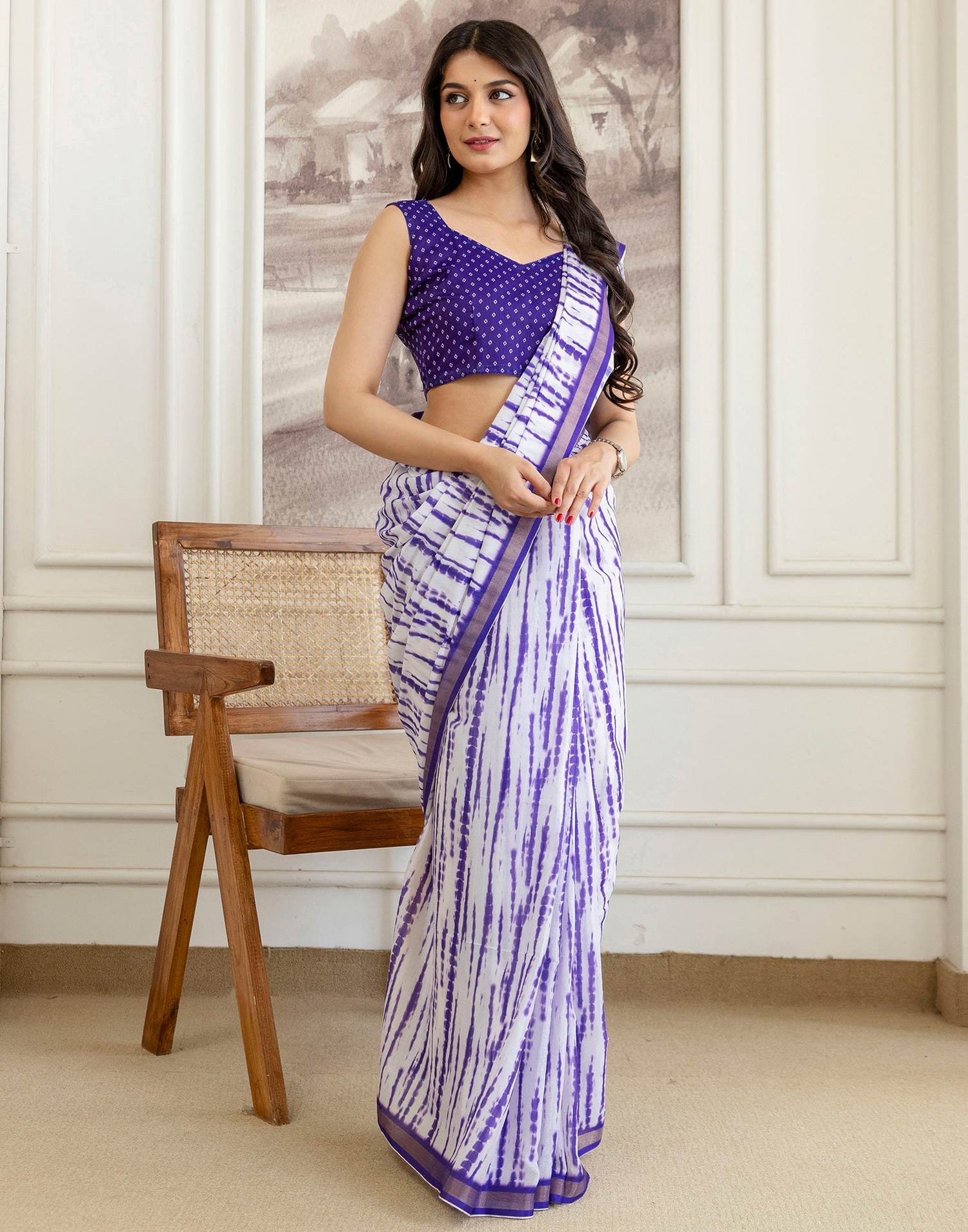 Off White Silk Bandhani Printed Zari Border Saree