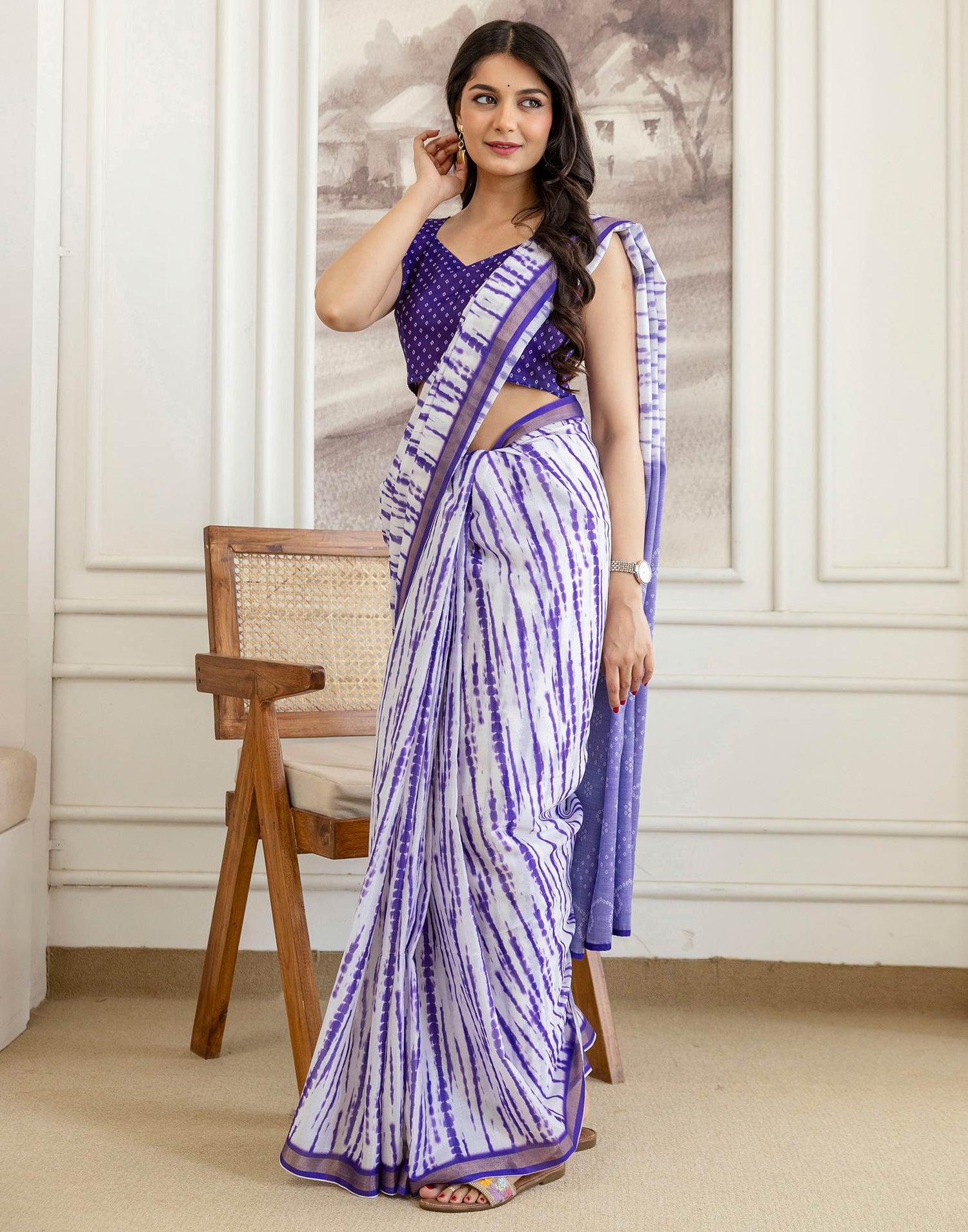 Off White Silk Bandhani Printed Zari Border Saree
