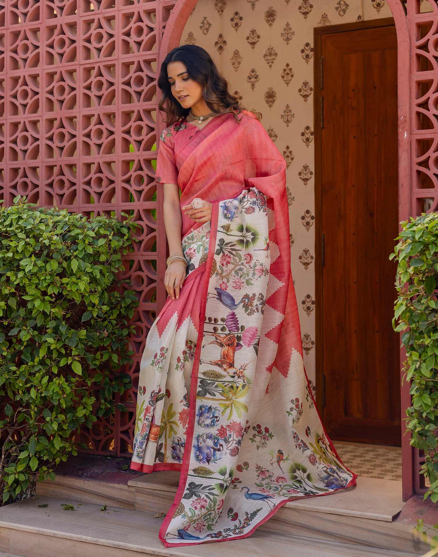 Light Pink Shimmer Silk Printed Saree