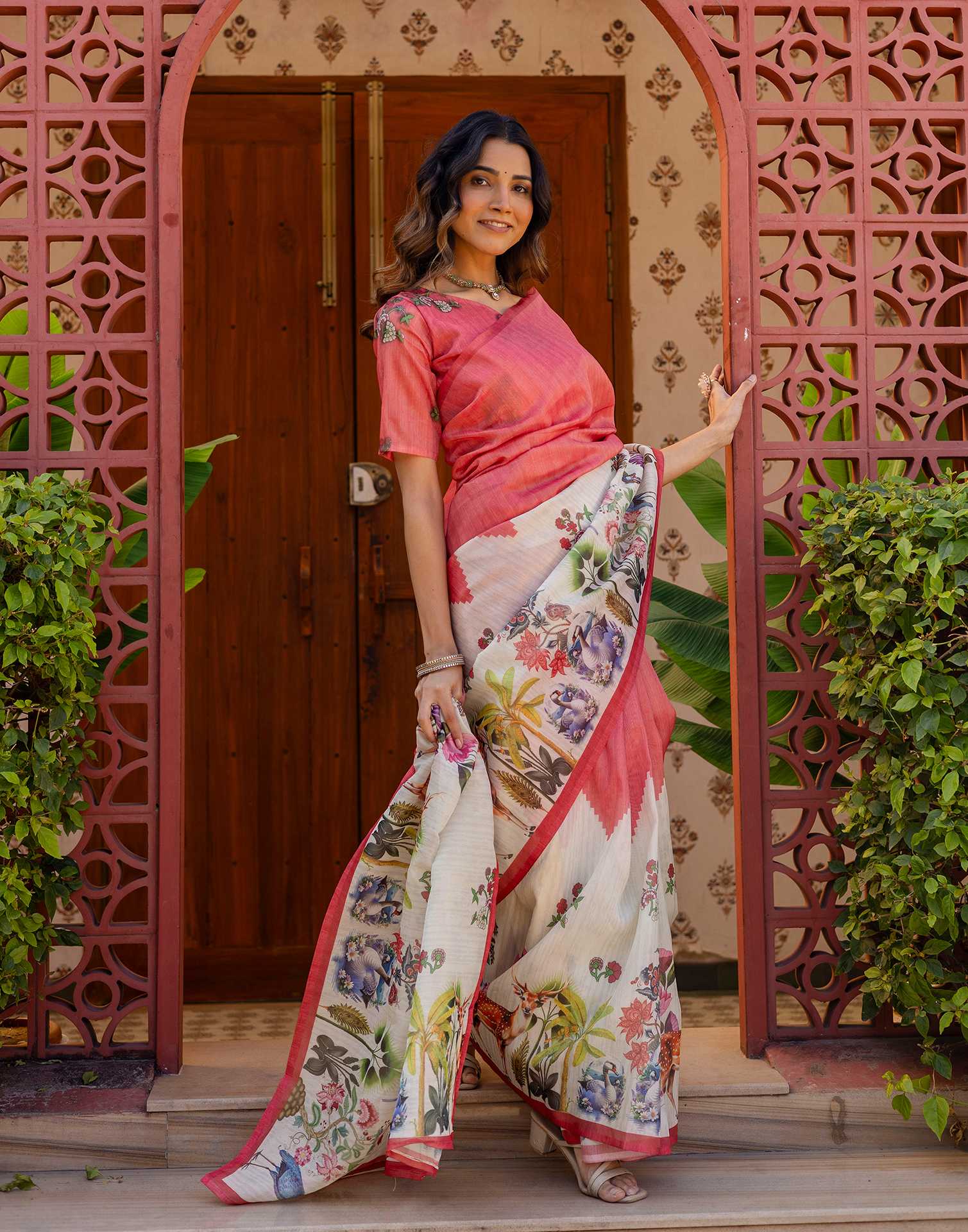 Light Pink Shimmer Silk Printed Saree
