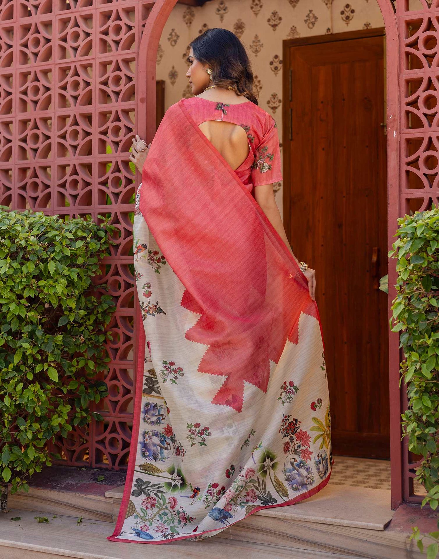 Light Pink Shimmer Silk Printed Saree
