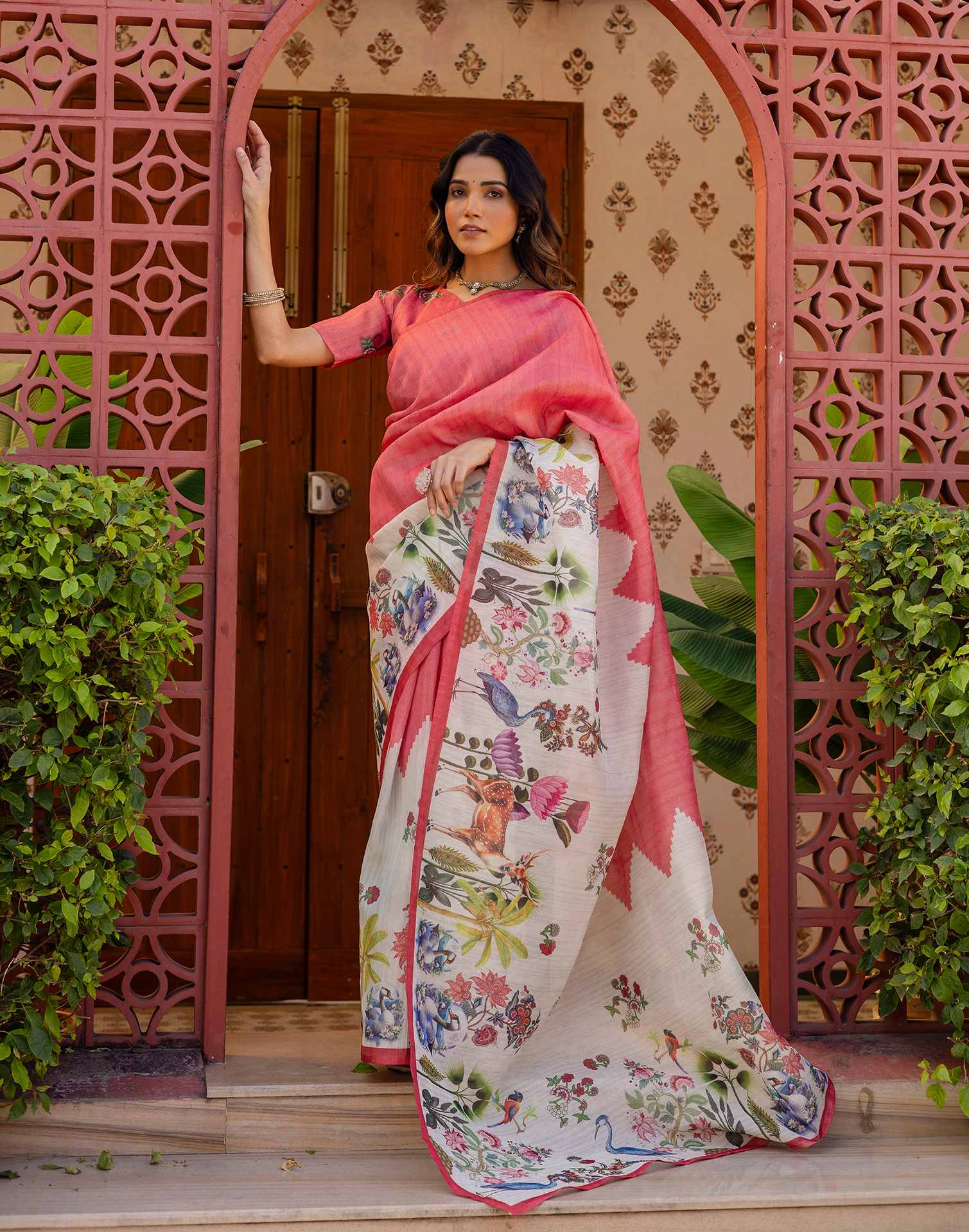 Light Pink Shimmer Silk Printed Saree