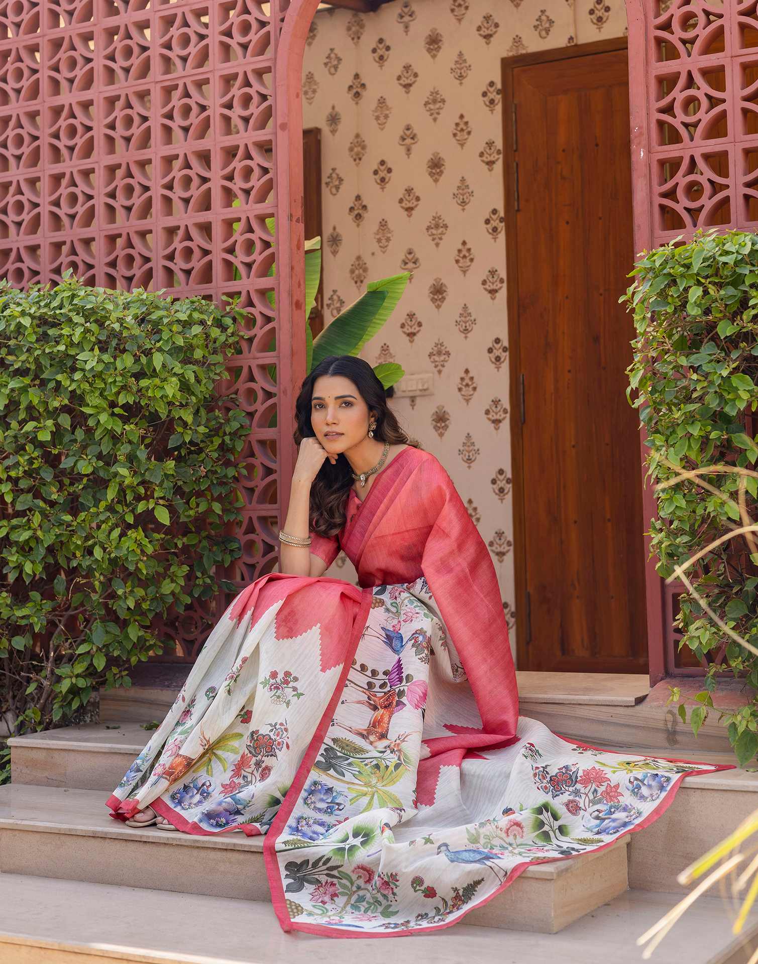 Light Pink Shimmer Silk Printed Saree