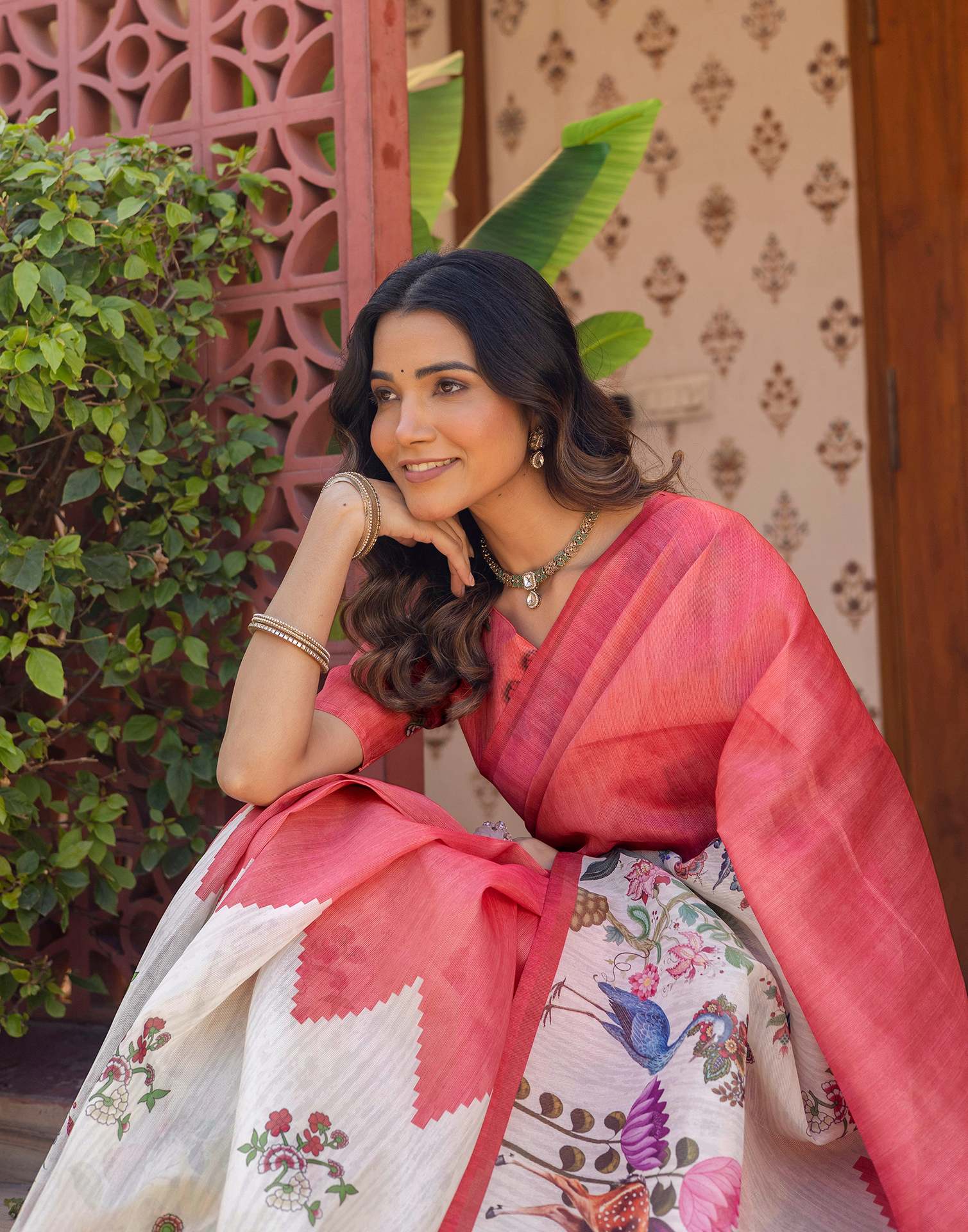 Light Pink Shimmer Silk Printed Saree