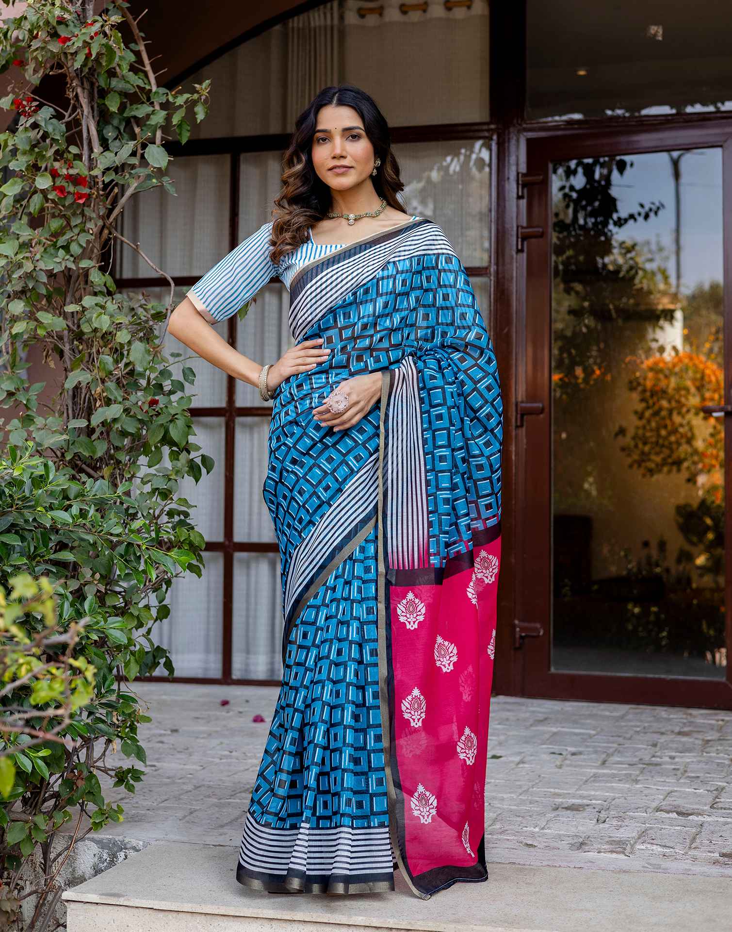 Blue Linen Printed Saree
