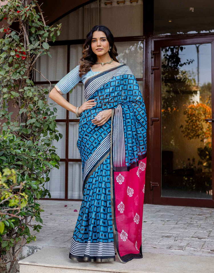 Blue Linen Printed Saree