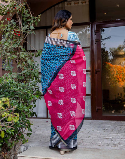 Blue Linen Printed Saree