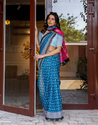 Blue Linen Printed Saree