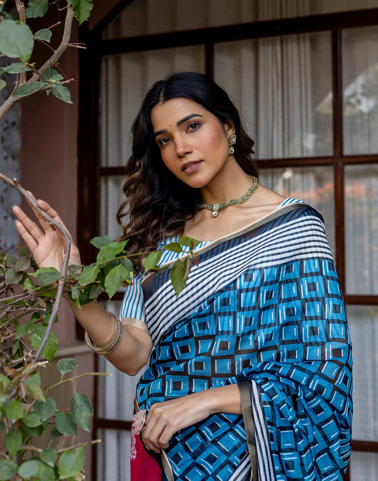 Blue Linen Printed Saree