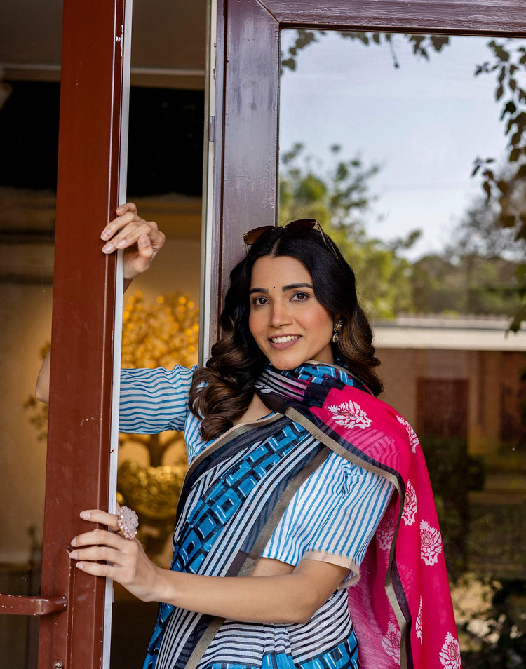 Blue Linen Printed Saree