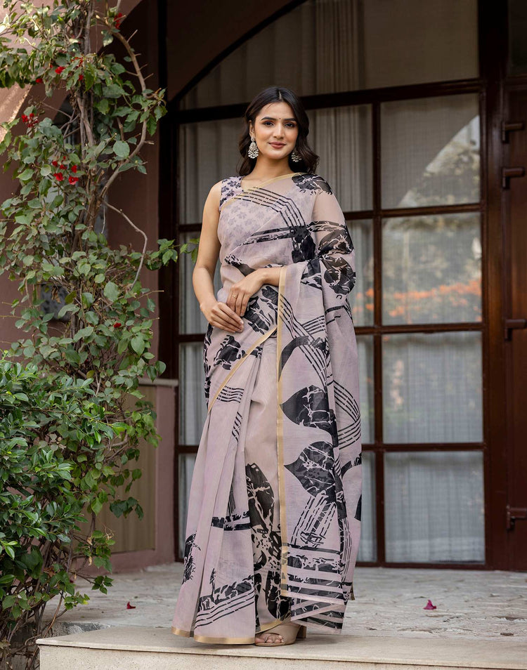 Dark Beige Linen Printed Saree