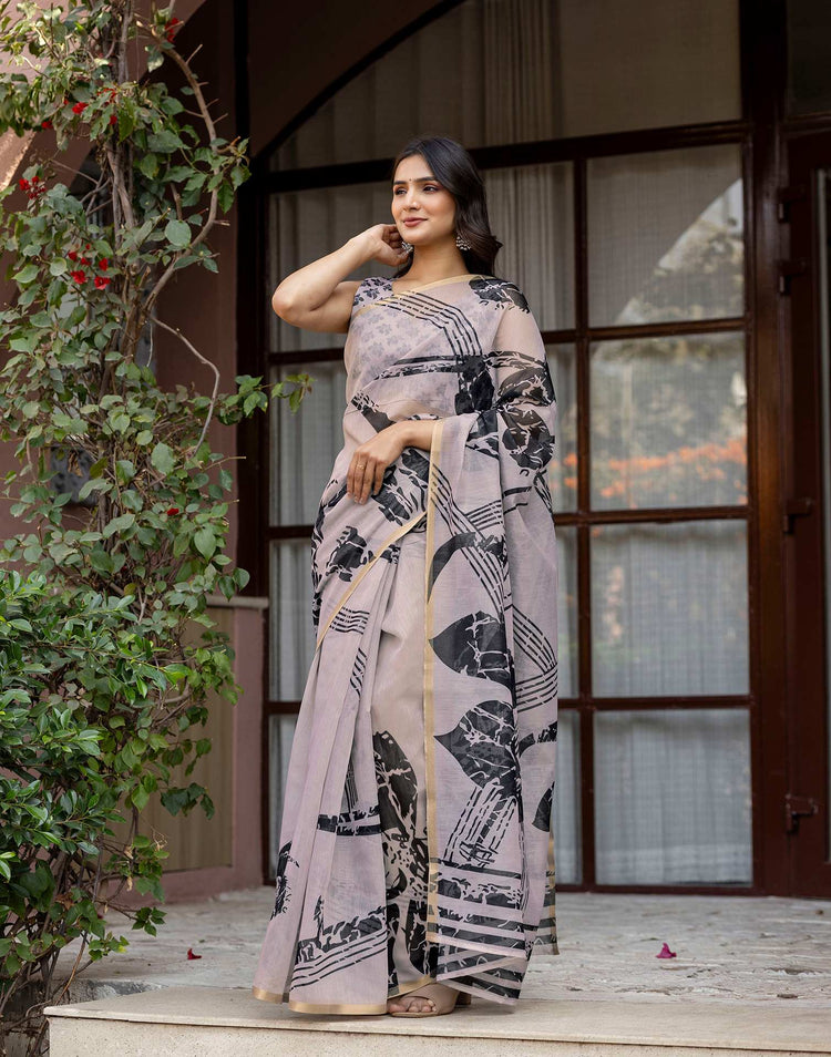 Dark Beige Linen Printed Saree