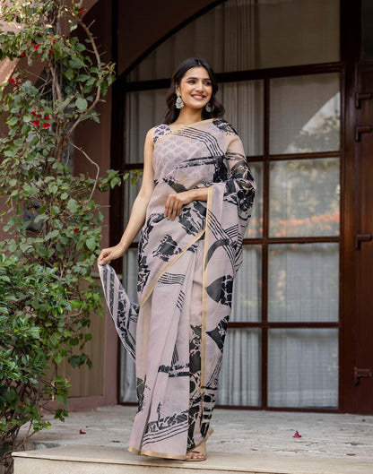 Dark Beige Linen Printed Saree