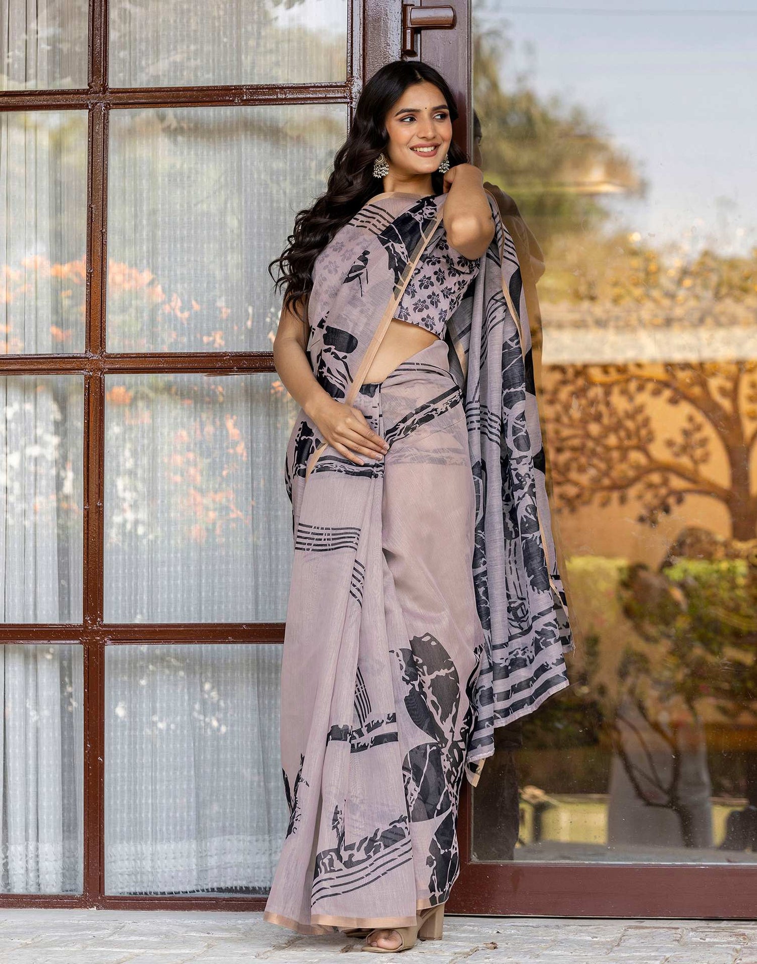 Dark Beige Linen Printed Saree