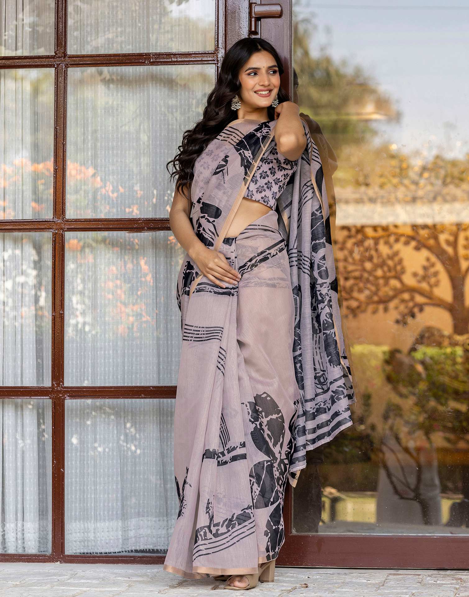 Dark Beige Linen Printed Saree