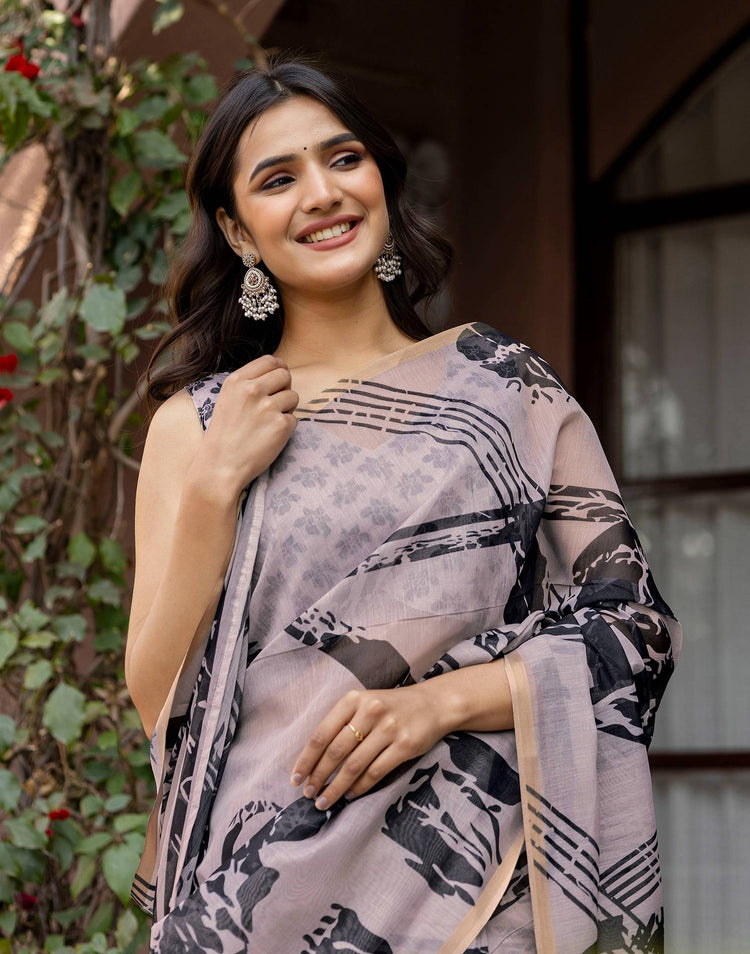 Dark Beige Linen Printed Saree