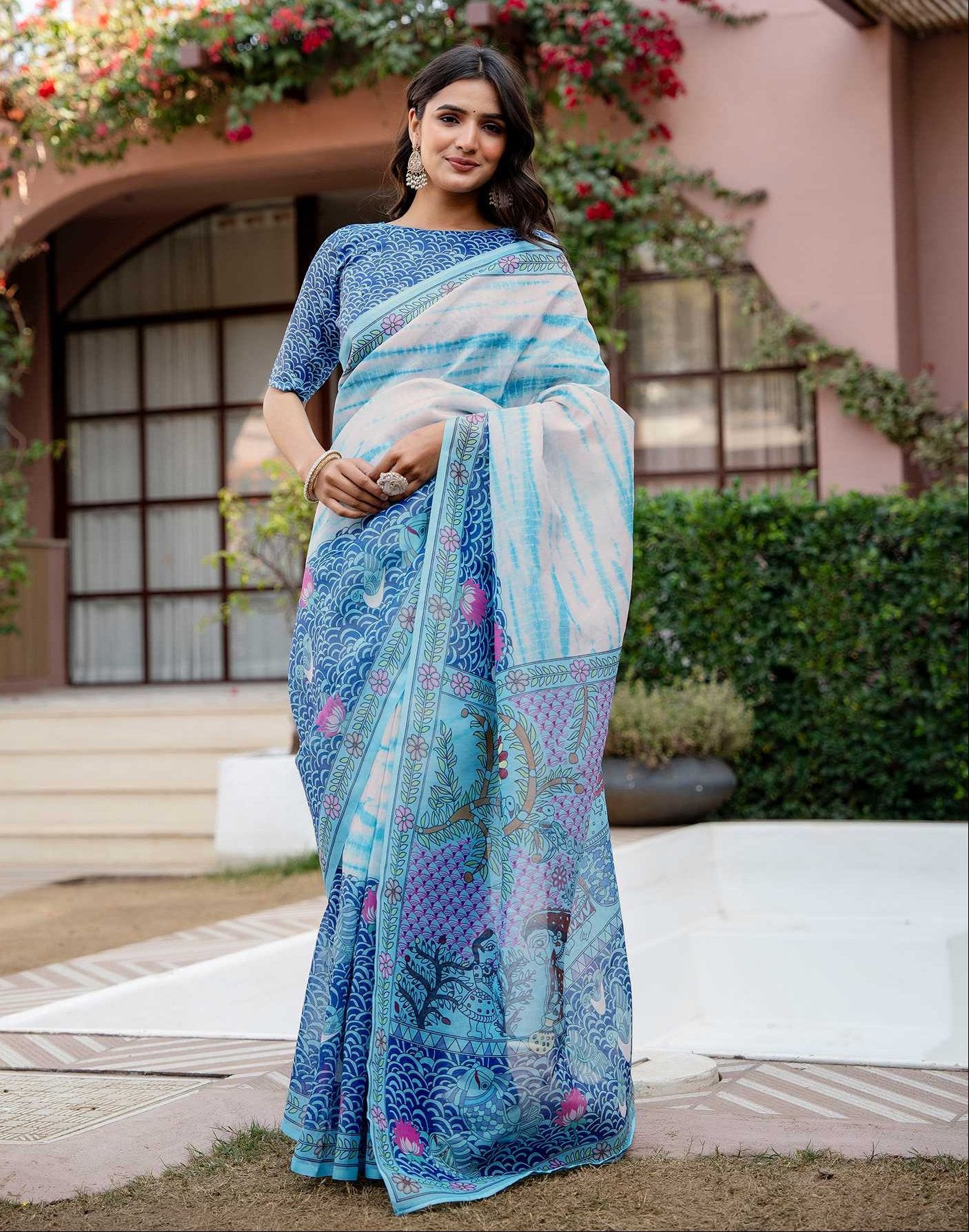 Off White Shimmer Silk Printed Saree