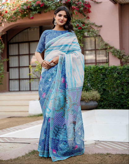 Off White Shimmer Silk Printed Saree