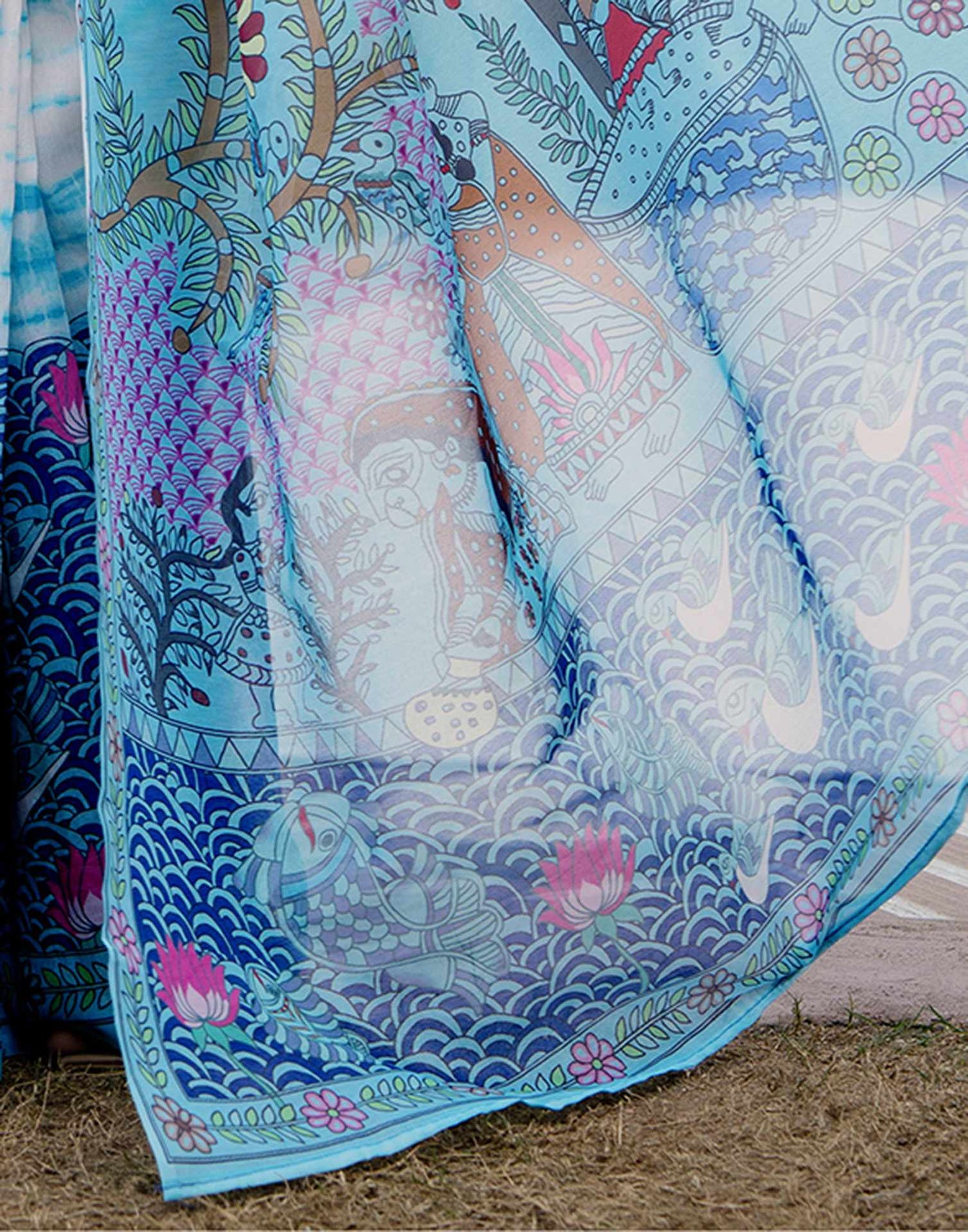 Off White Shimmer Silk Printed Saree