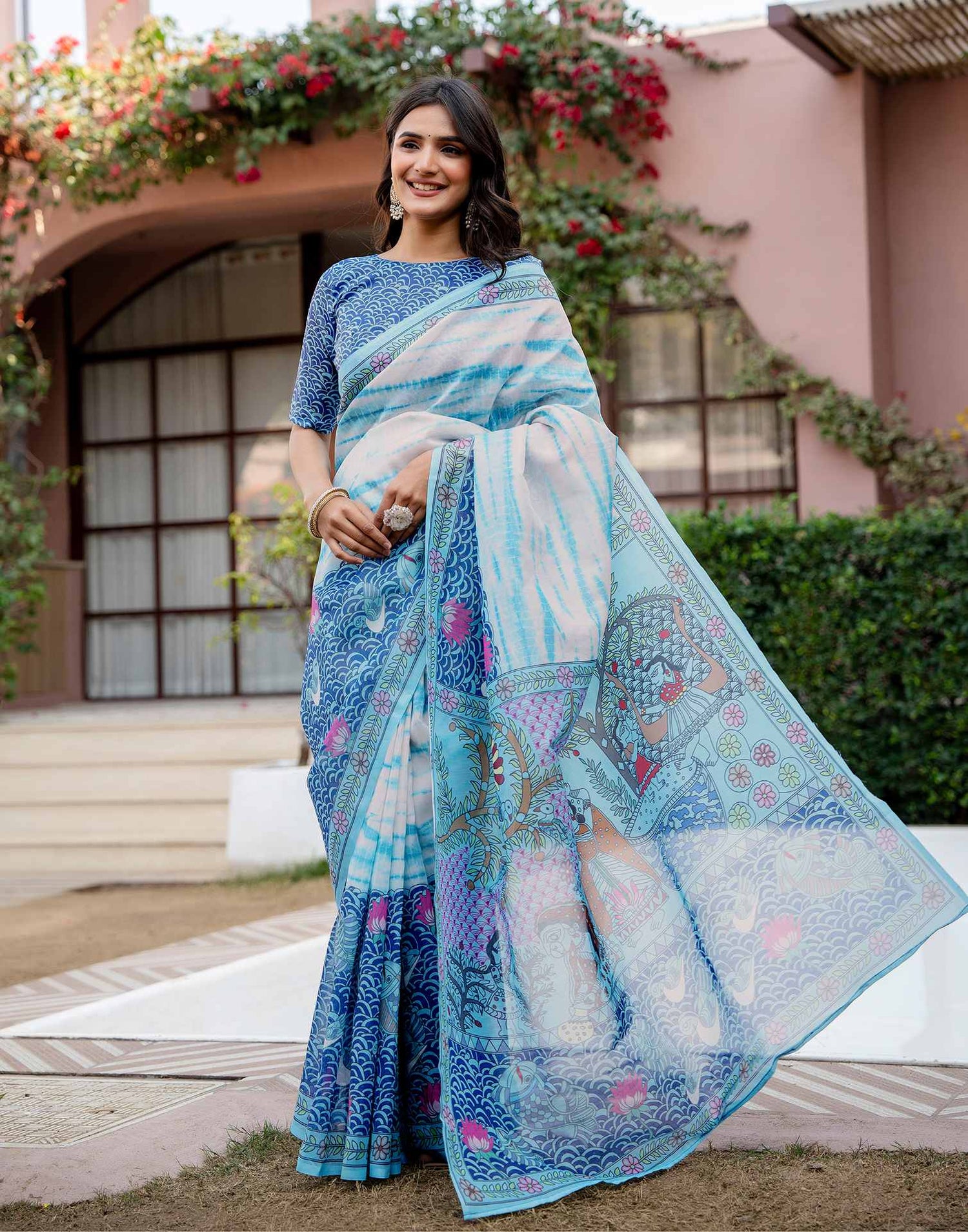 Off White Shimmer Silk Printed Saree