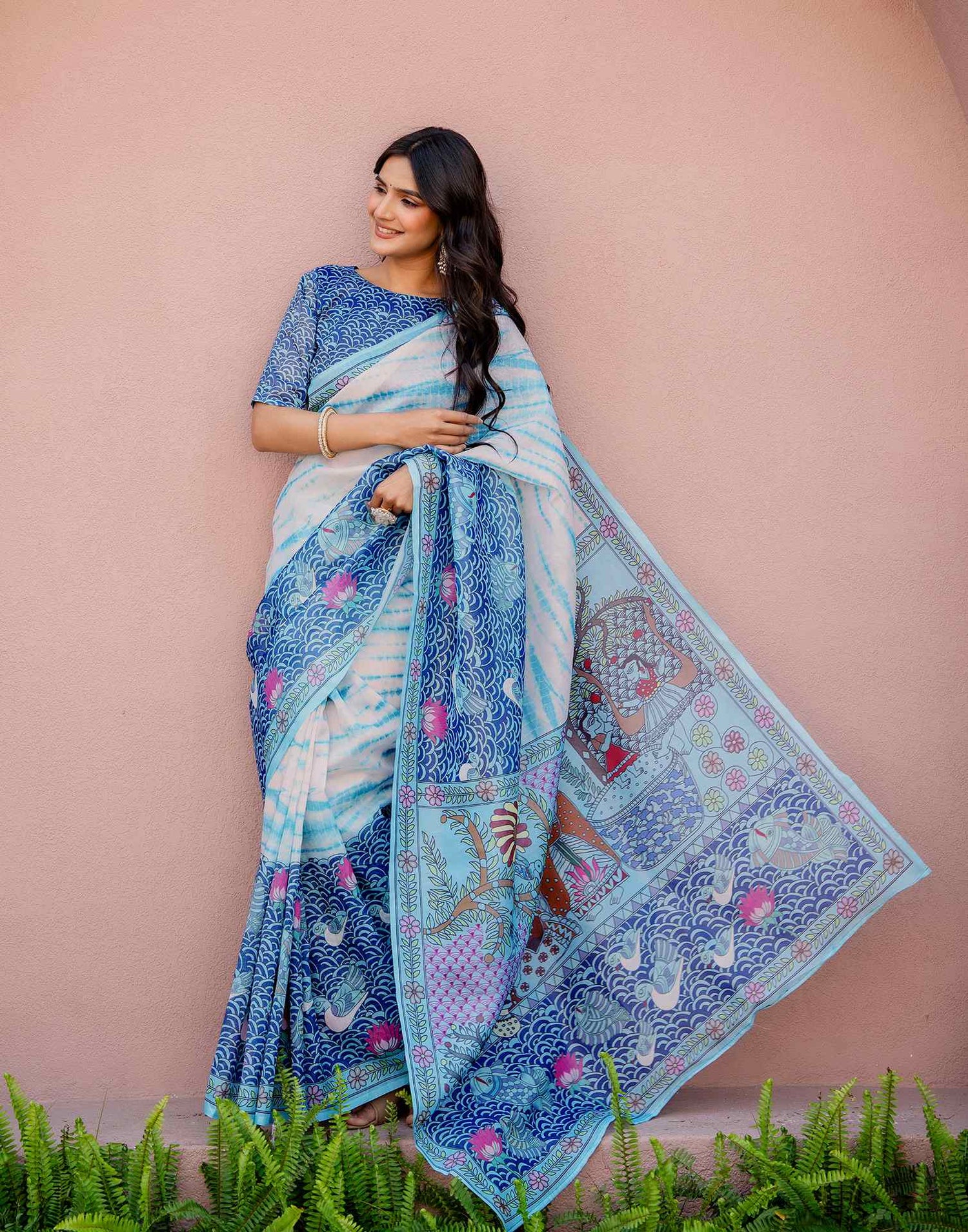 Off White Shimmer Silk Printed Saree