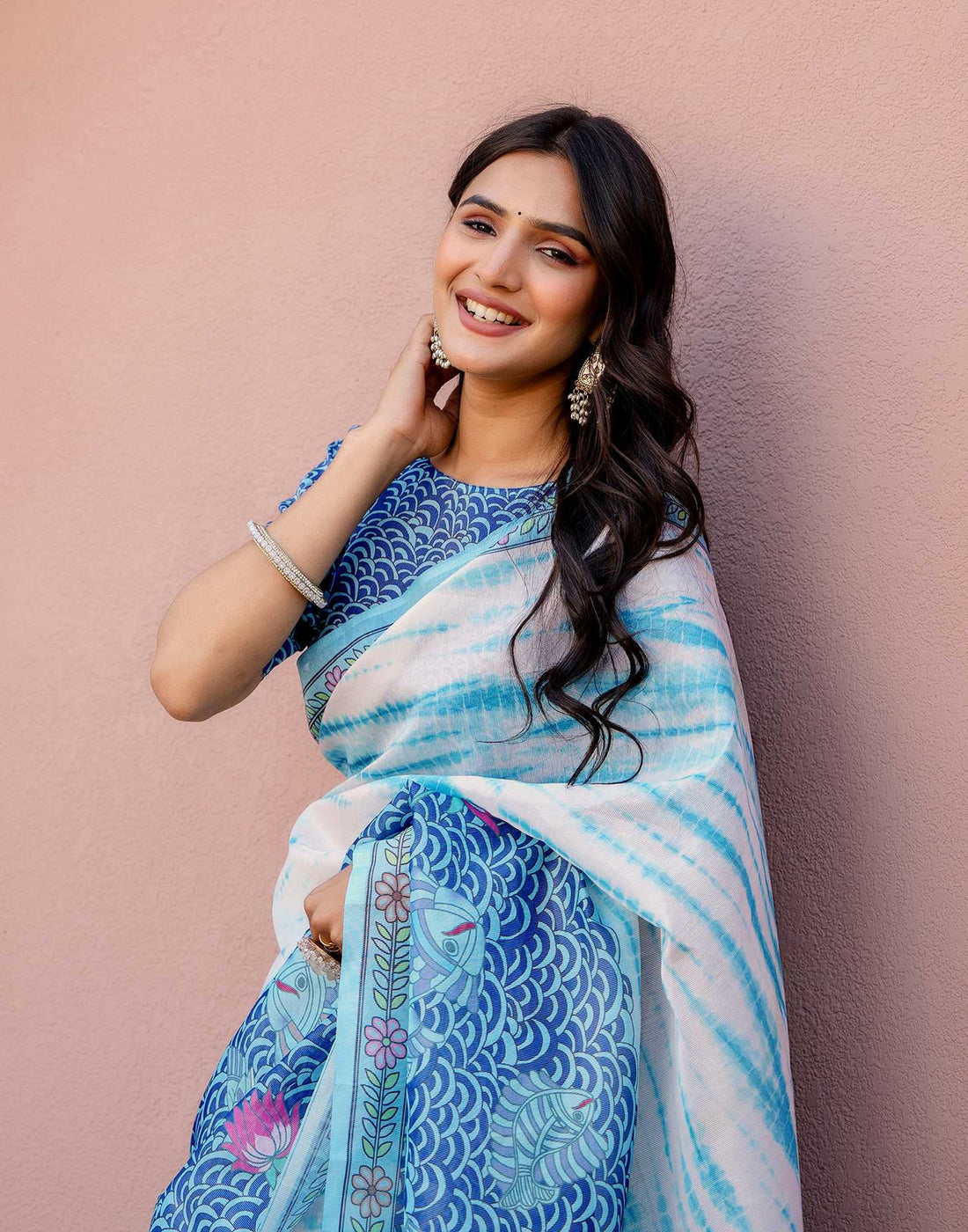 Off White Shimmer Silk Printed Saree