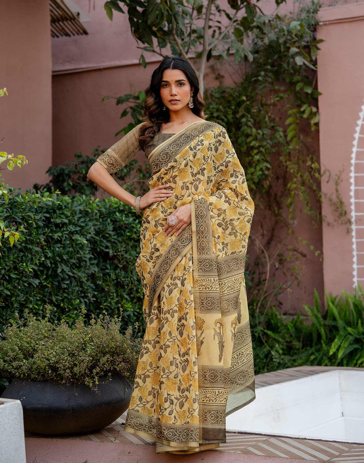 Light Yellow Linen Floral Printed Saree