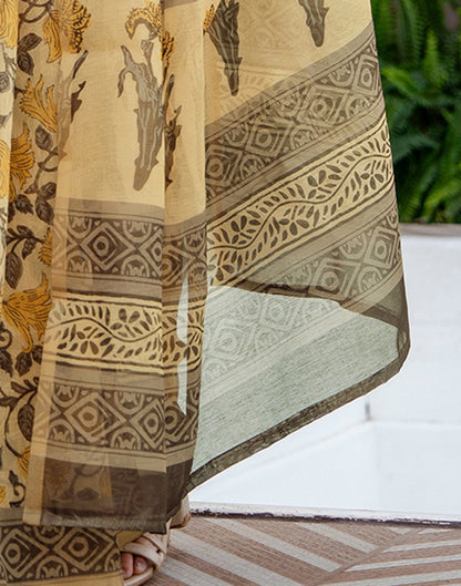 Light Yellow Linen Floral Printed Saree