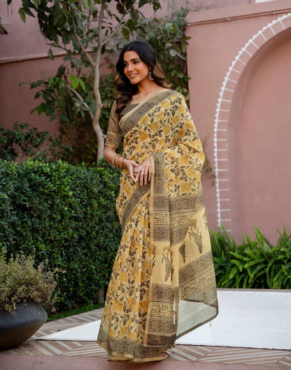 Light Yellow Linen Floral Printed Saree