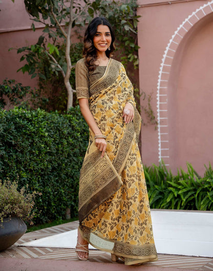 Light Yellow Linen Floral Printed Saree