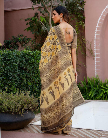 Light Yellow Linen Floral Printed Saree