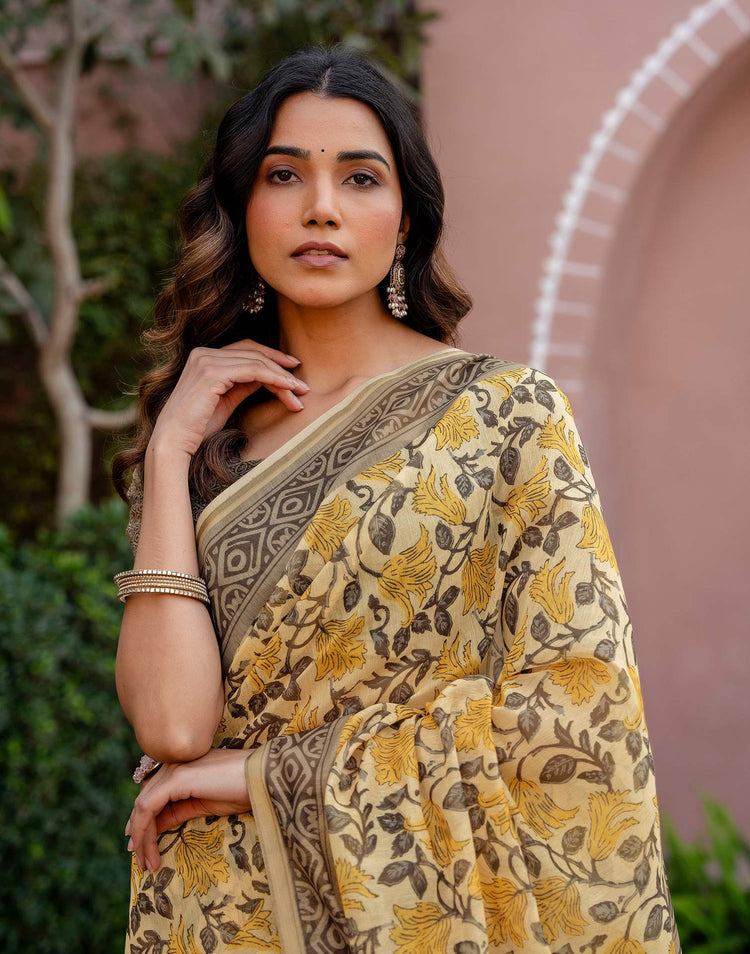 Light Yellow Linen Floral Printed Saree