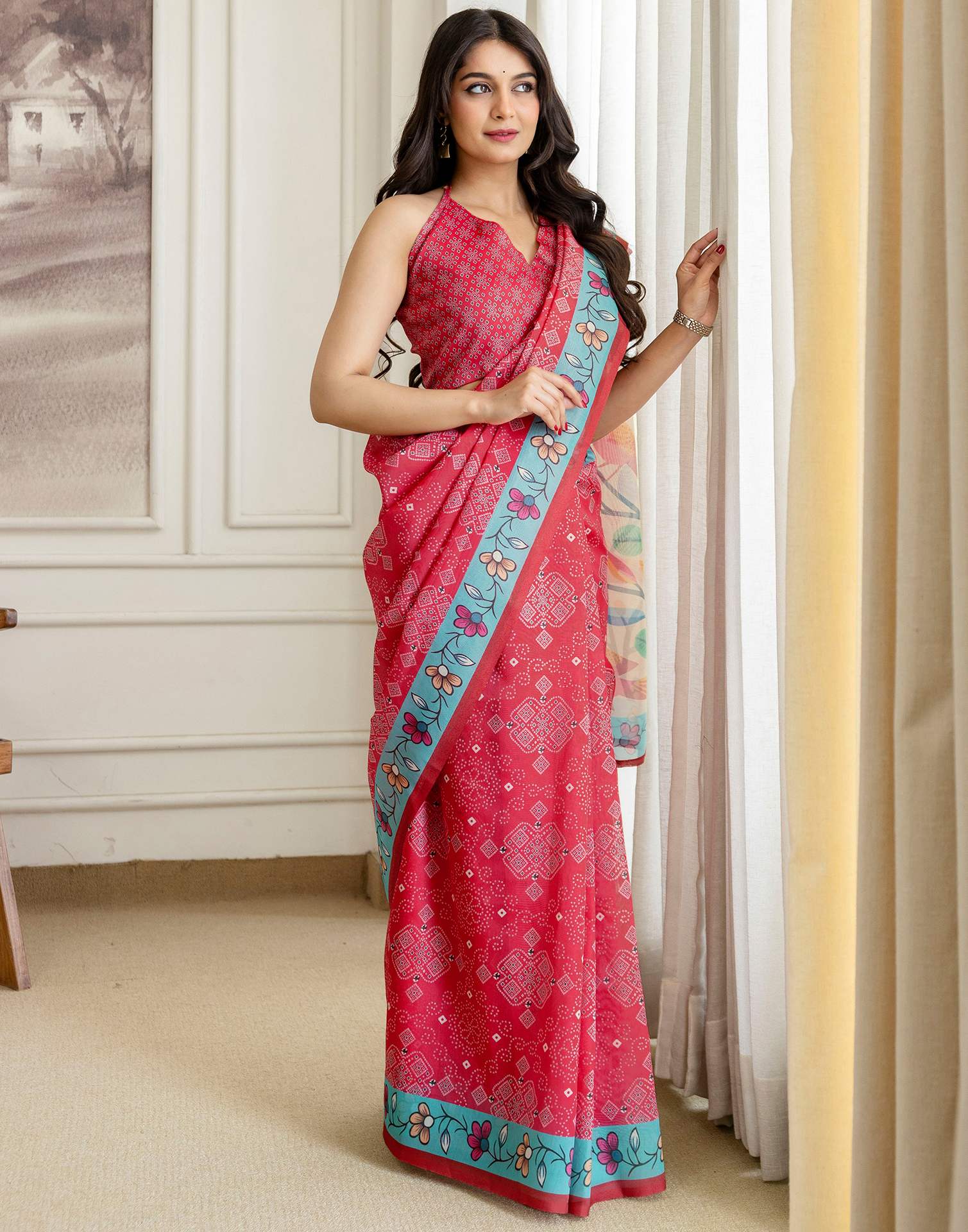 Pink Shimmer Silk Bandhani Printed Saree