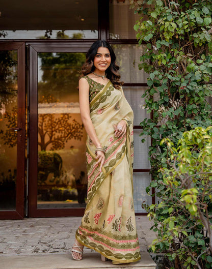 Light Lemon Yellow Linen Printed Saree