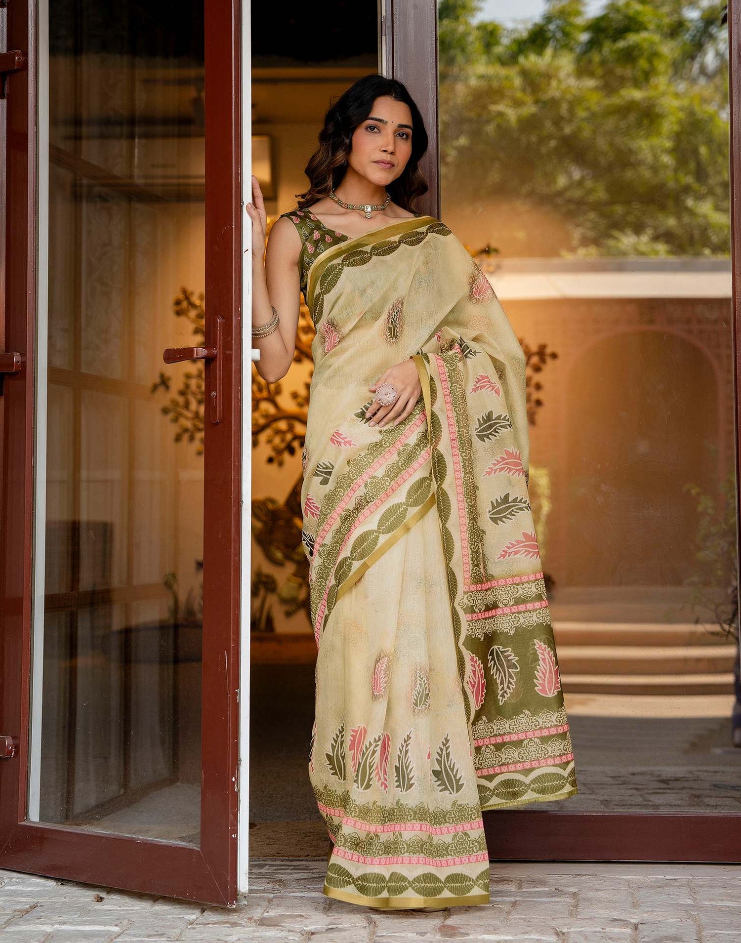 Light Lemon Yellow Linen Printed Saree