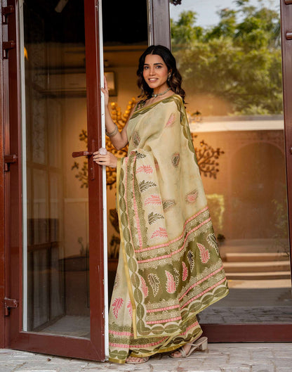 Light Lemon Yellow Linen Printed Saree