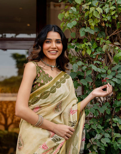 Light Lemon Yellow Linen Printed Saree