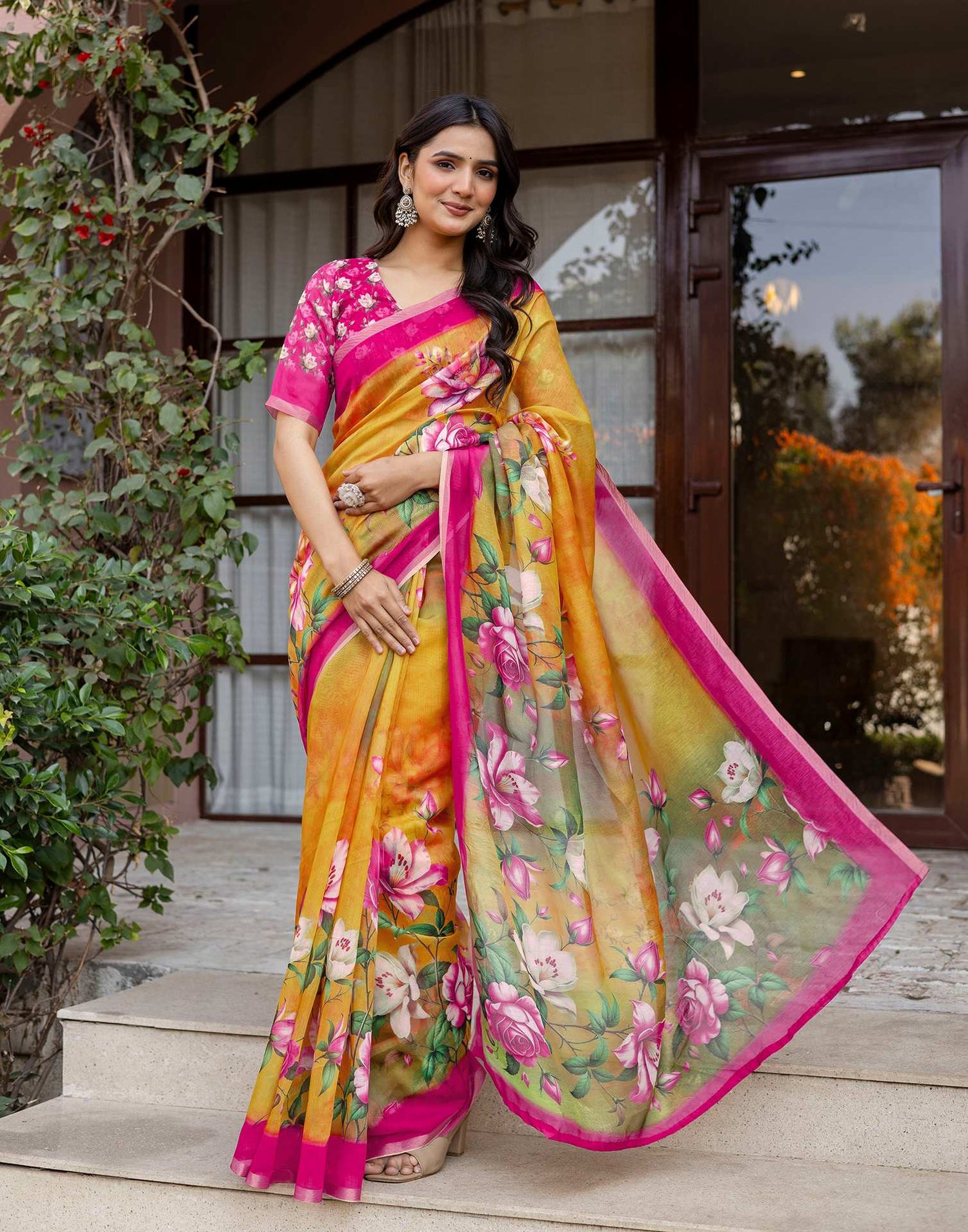 Yellow Linen Floral Printed Saree