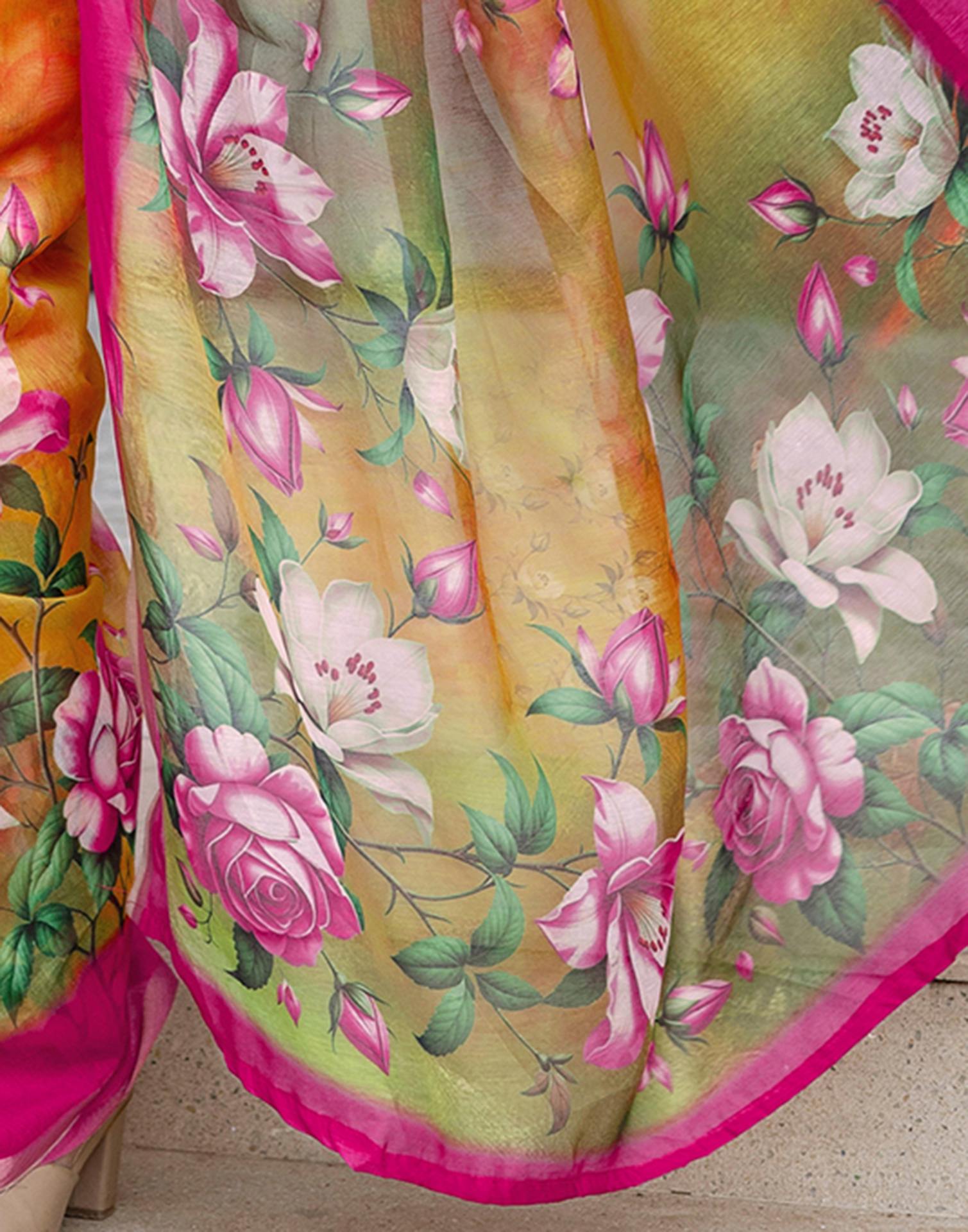 Yellow Linen Floral Printed Saree