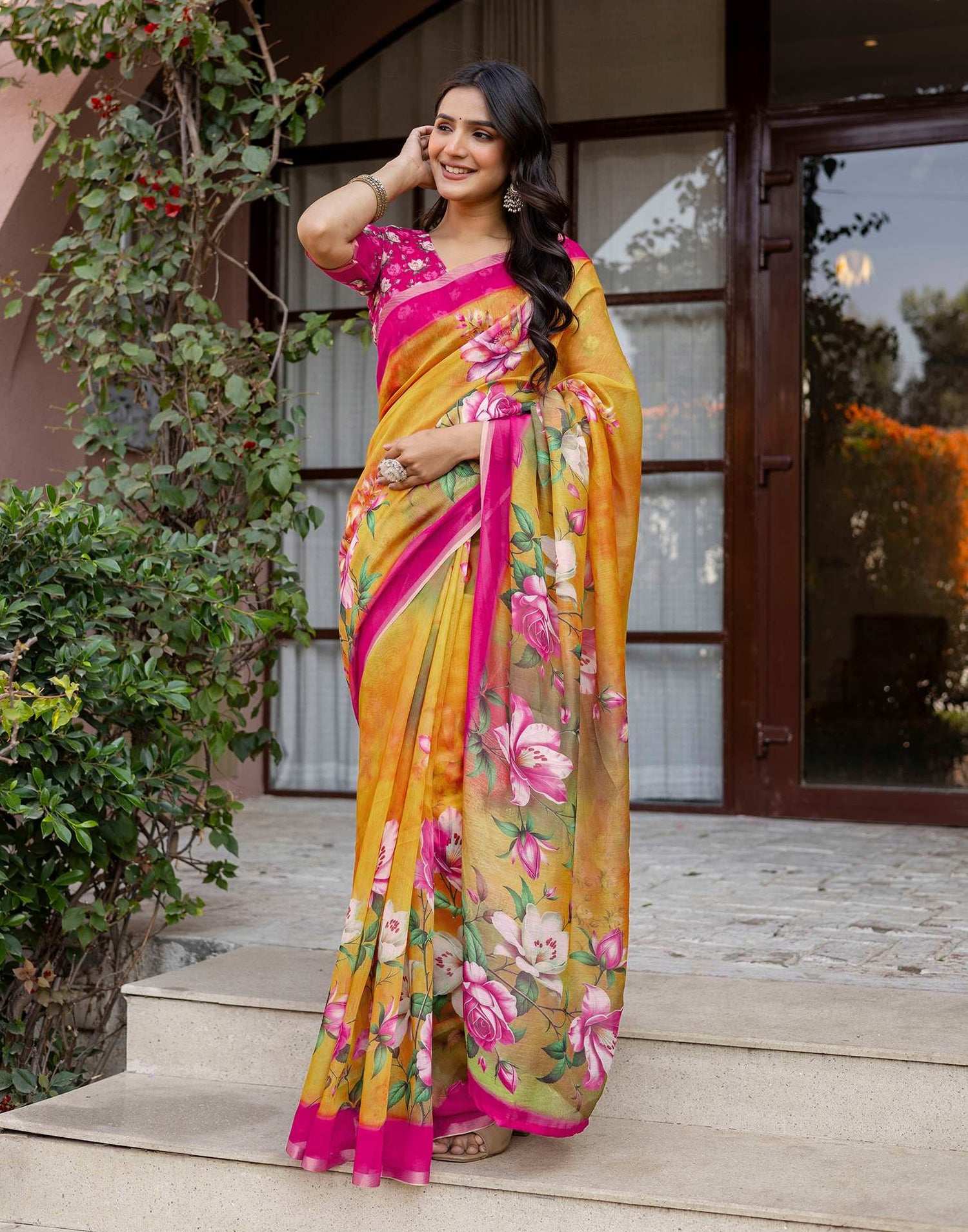 Yellow Linen Floral Printed Saree
