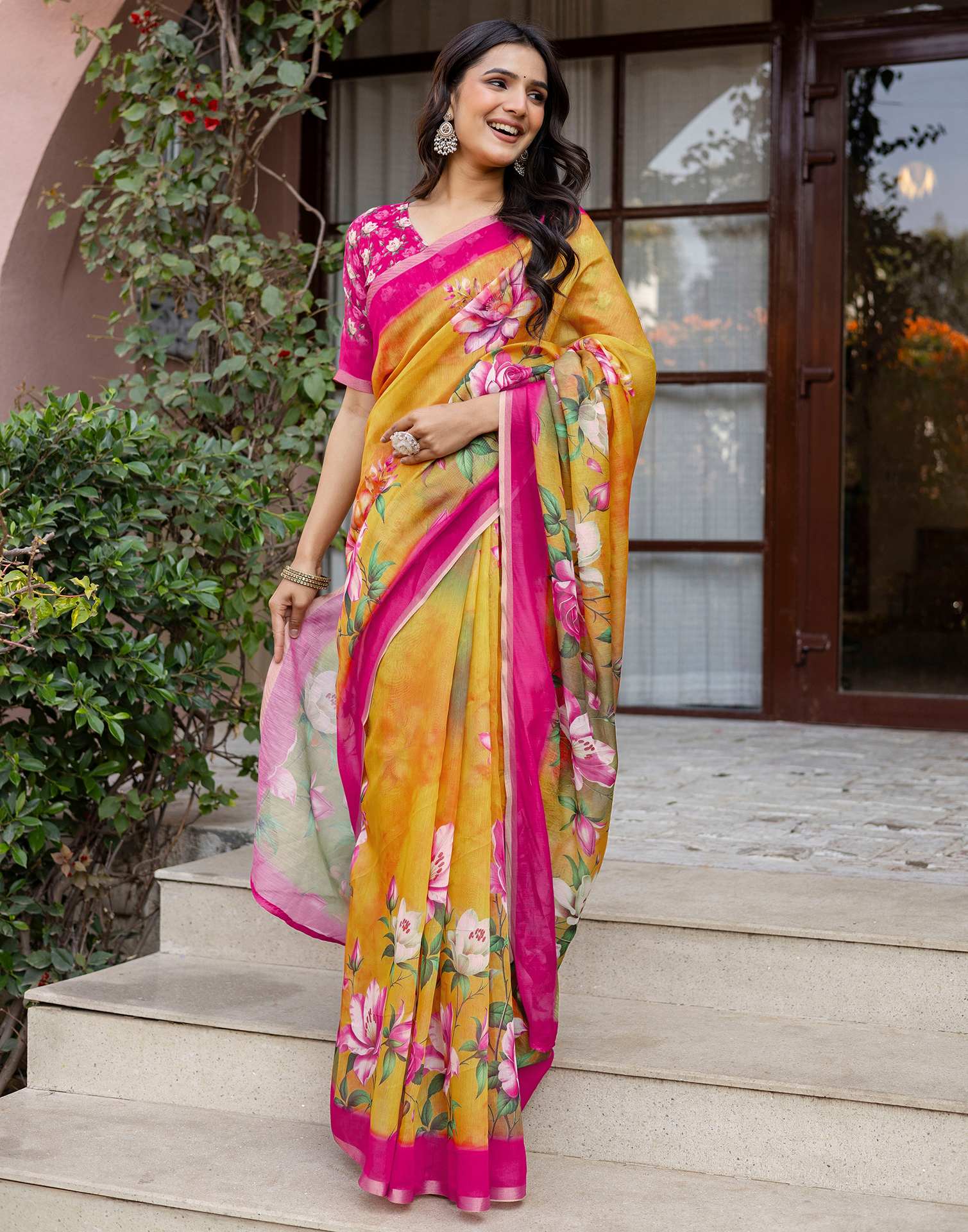 Yellow Linen Floral Printed Saree